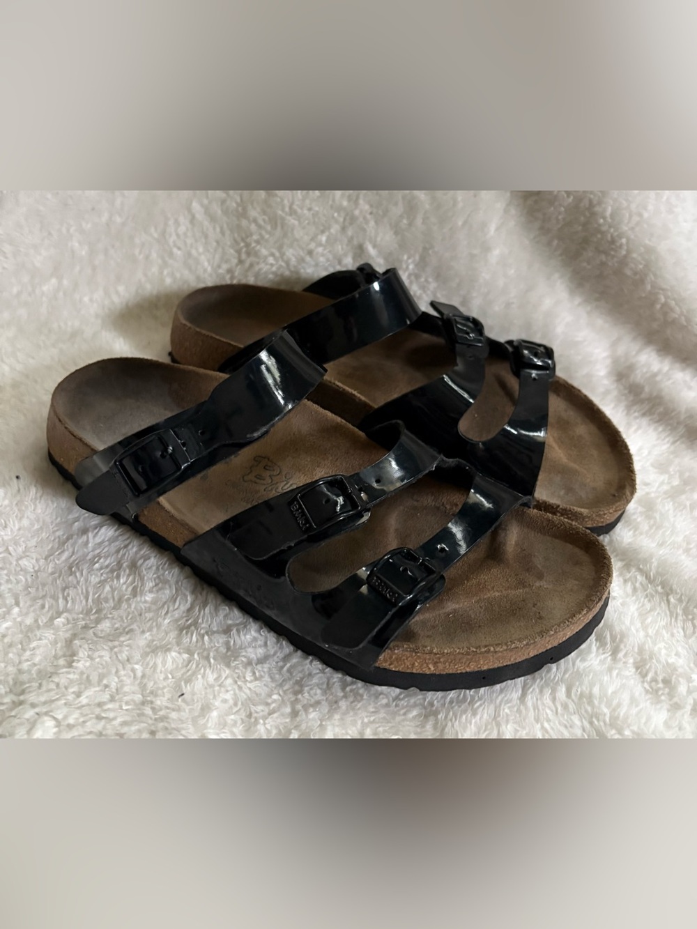Women’s Birkenstock Birkie Florida Black Patent Leather 3 Strap Sandals Size 7